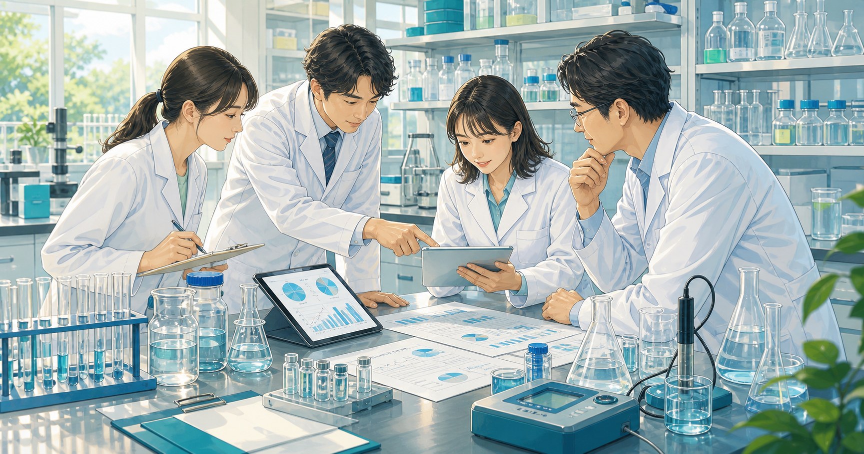 実験室でガラス器具や図表を囲み白衣の男女が評価・改善を議論しているイメージイラスト