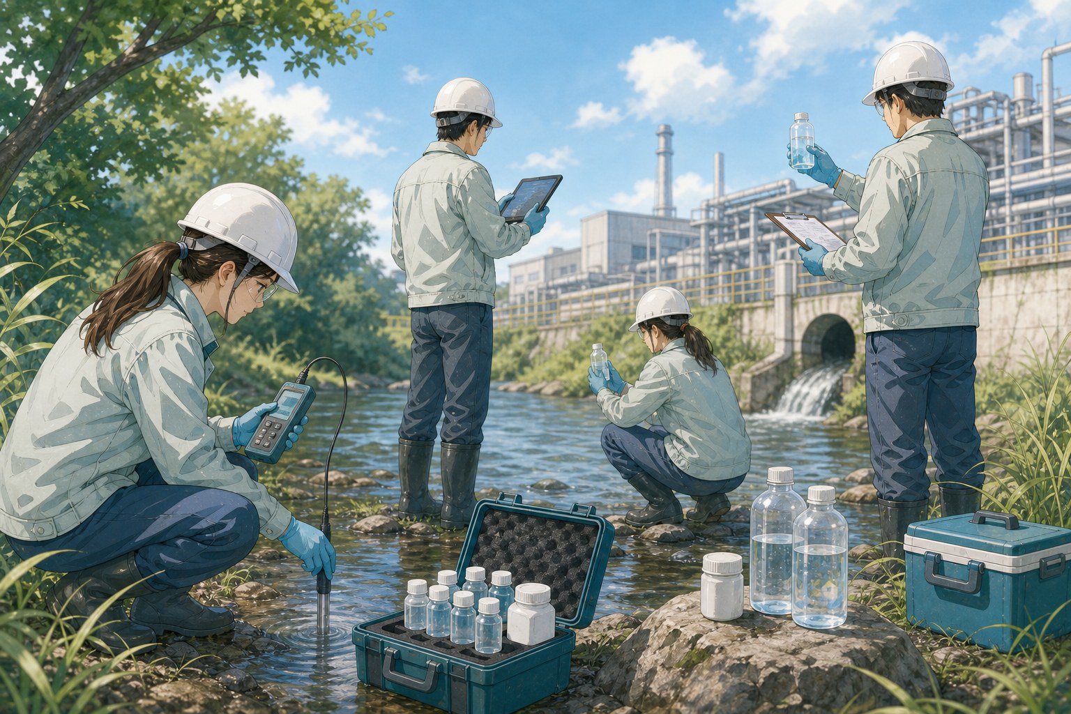 屋外の水辺で男女の調査員が採水ボトルや測定器を使い環境調査をしているイメージイラスト